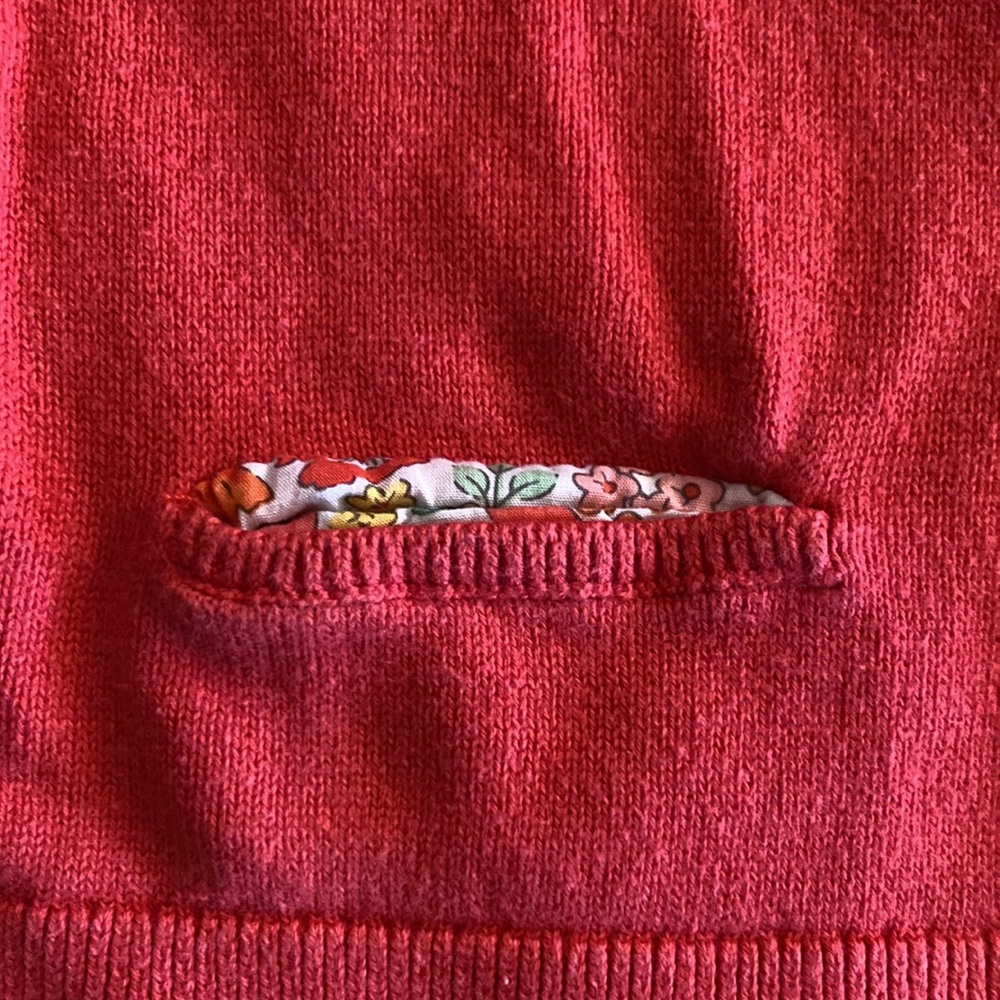 Navarro red cardigan sweater with puff sleeves and floral lines pockets - Picture 2 of 6